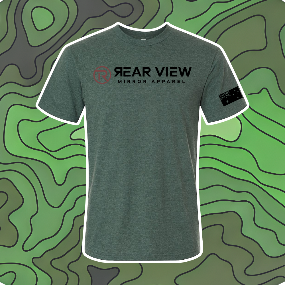 Forest green tri-blend tee with Rear View Mirror Apparel chest wordmark and Australian flag sleeve print
