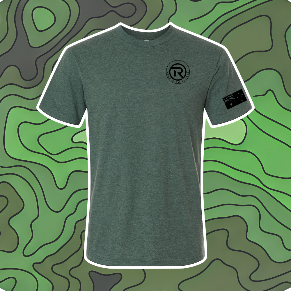 Forest green tri-blend tee with Rear View Mirror circle-R badge on left chest