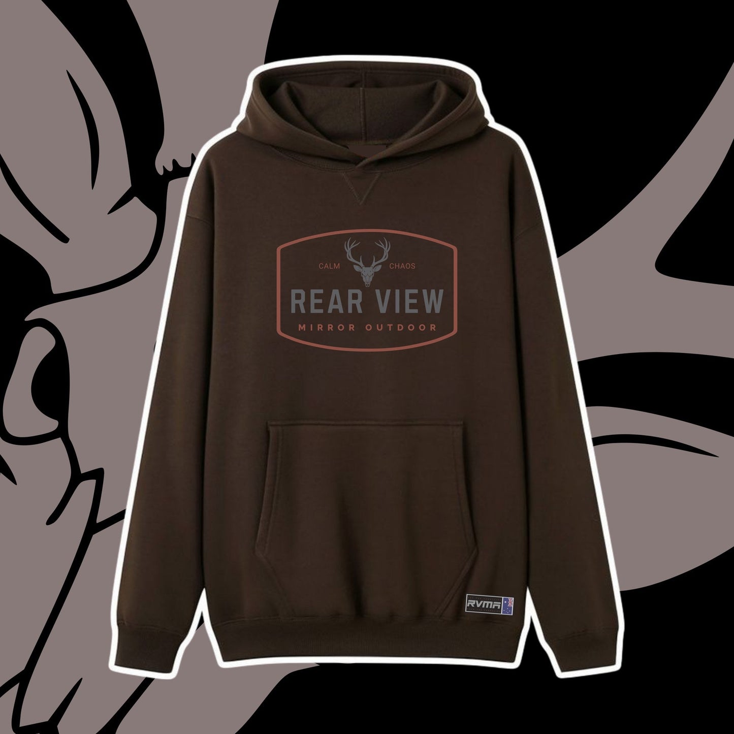 Brown pullover hoodie with Rear View Mirror Outdoor stag badge — Rear View Mirror Apparel