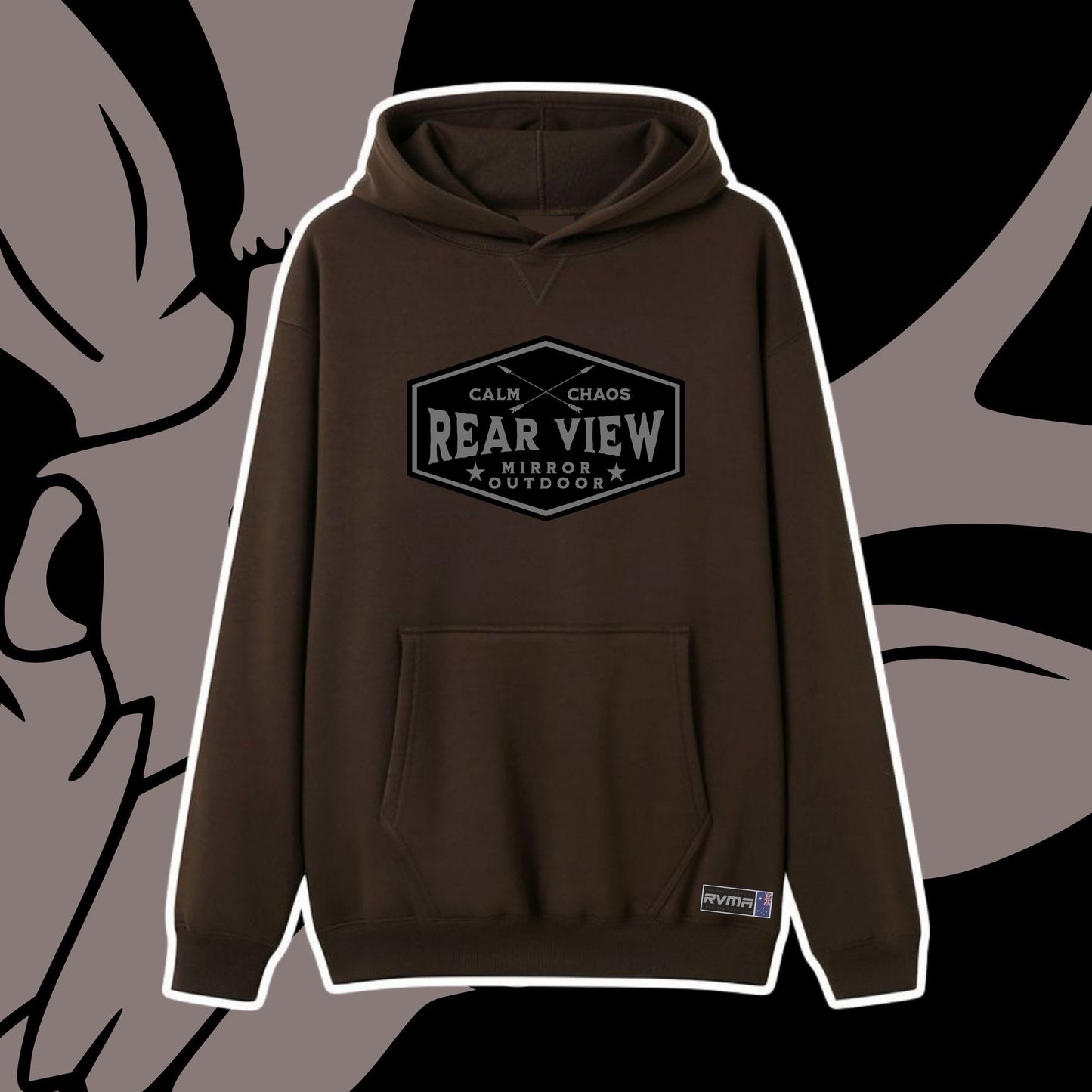Brown pullover hoodie with Calm in Chaos hexagon badge — Rear View Mirror Apparel