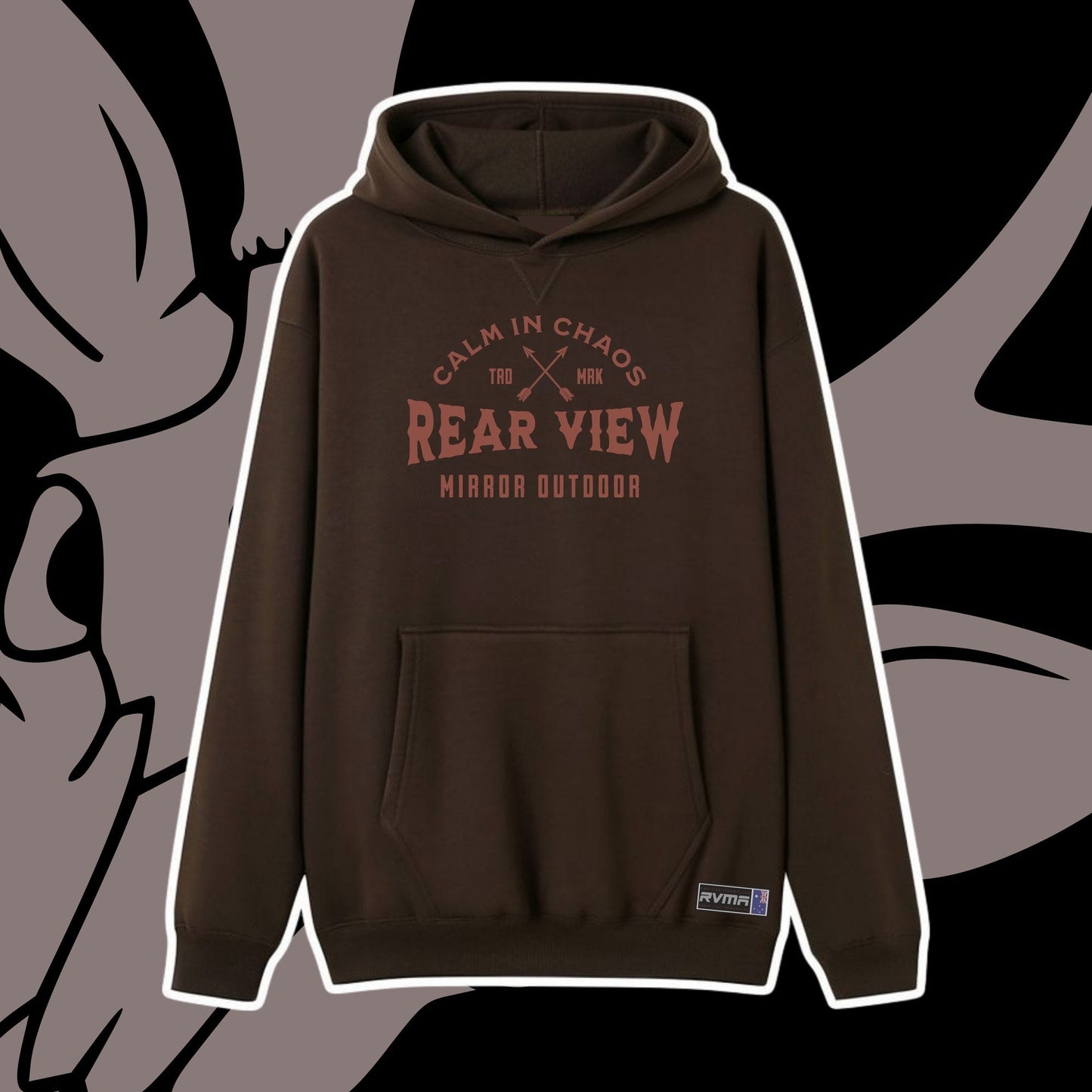 Brown pullover hoodie with Calm in Chaos crossed-arrows print — Rear View Mirror Apparel