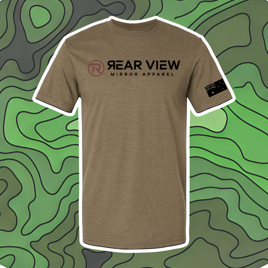 Military green tri-blend tee with Rear View Mirror Apparel chest wordmark and Australian flag sleeve print