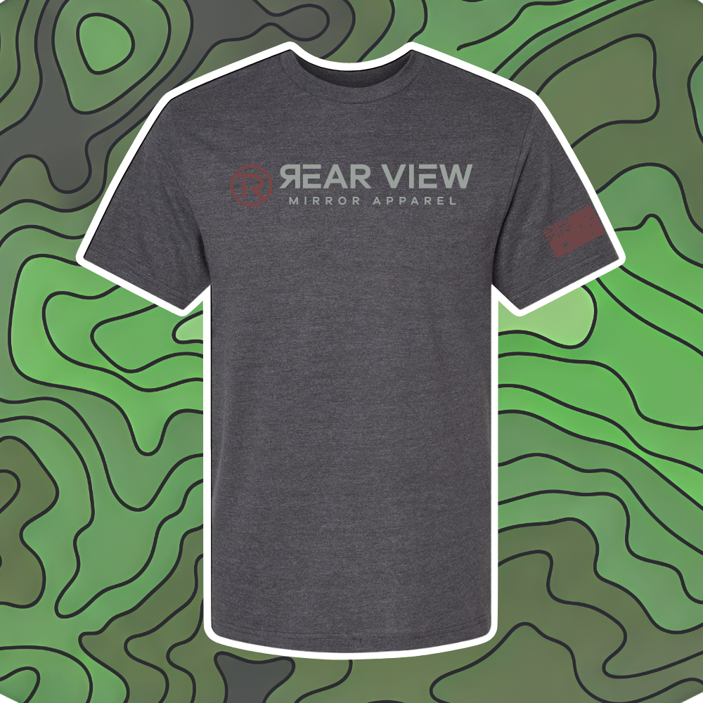 Charcoal tri-blend tee with Rear View Mirror Apparel chest wordmark and Australian flag sleeve print
