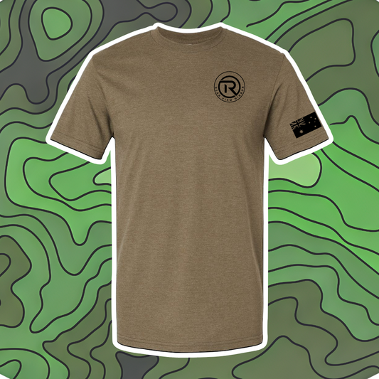 Military green tri-blend tee with Rear View Mirror circle-R badge on left chest