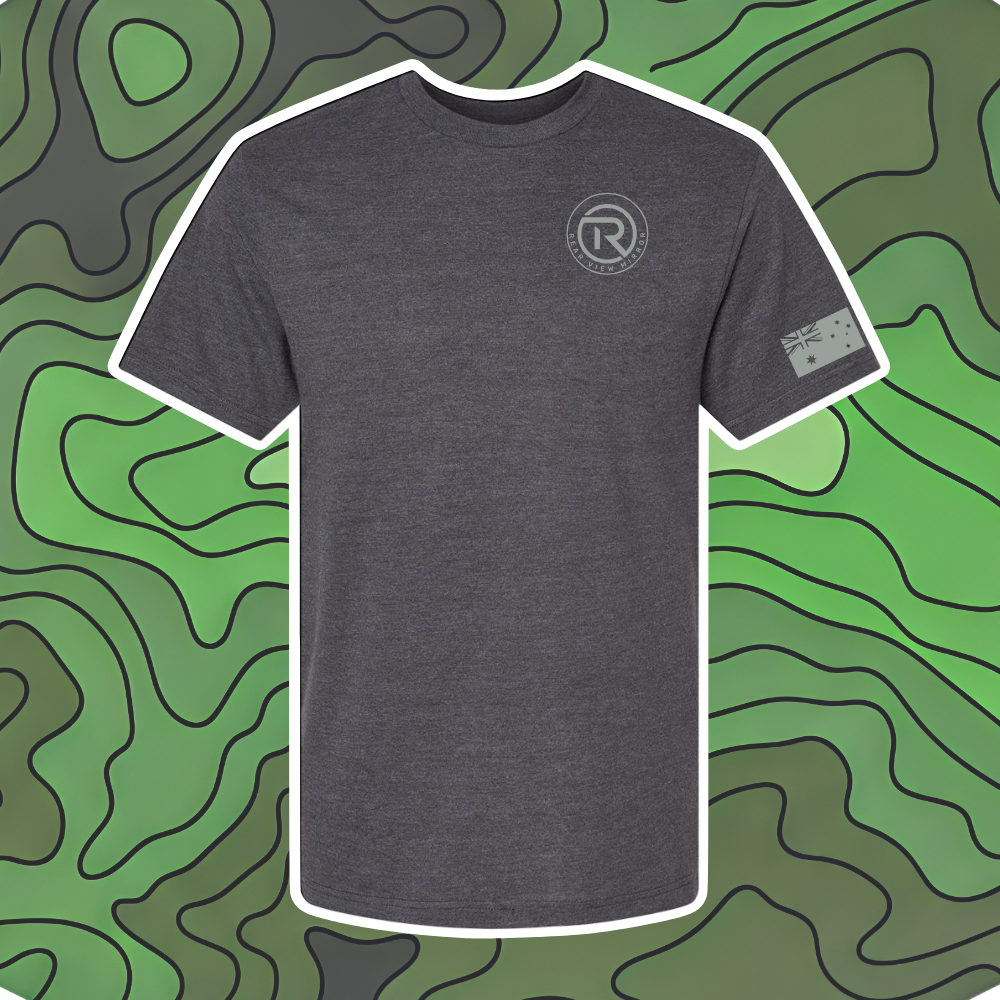 Charcoal tri-blend tee with Rear View Mirror circle-R badge on left chest