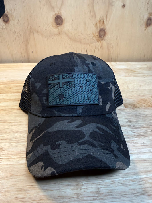 Black Multicam Trucker Hat – PVC Subdued Australia Flag