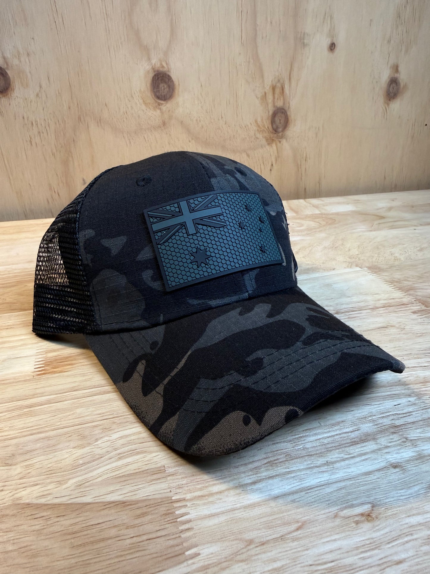 Black Multicam Trucker Hat – PVC Subdued Australia Flag