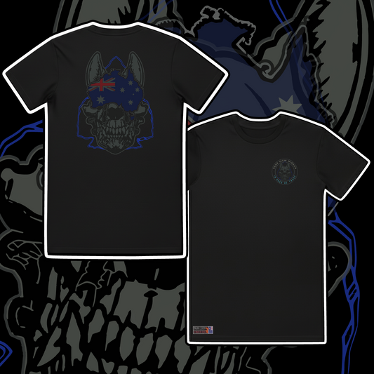 True Blue staple tee in Black - Australian flag working dog skull back print by Rear View Mirror Apparel