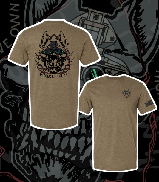 We Still Own The Night staple tee in Brown - night vision working dog back print by Rear View Mirror Apparel