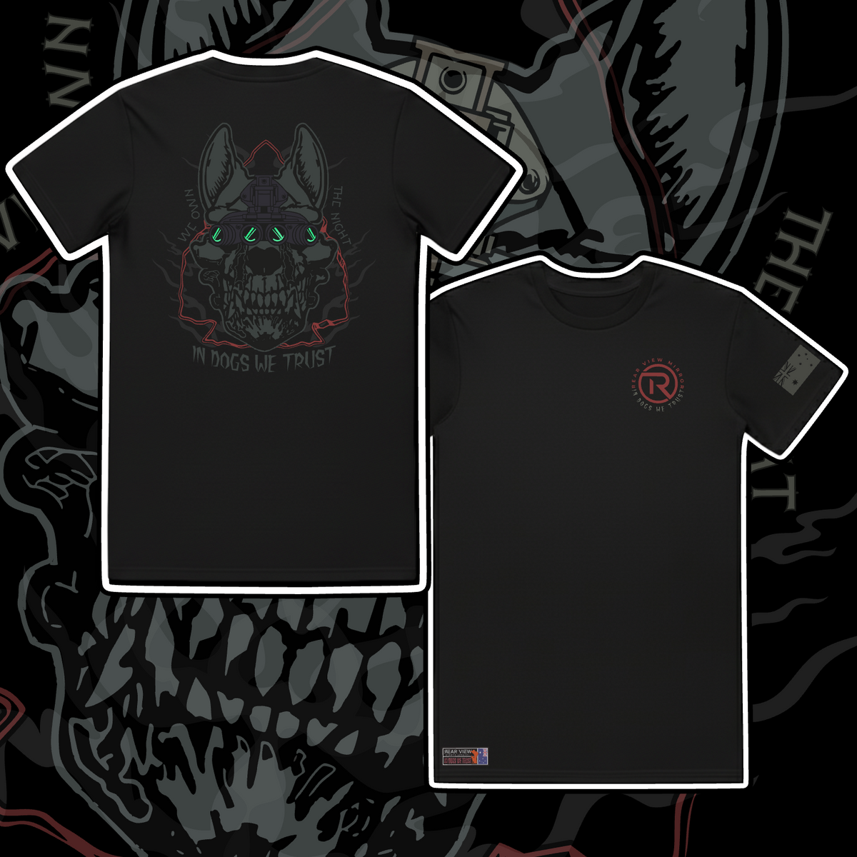 We Still Own The Night staple tee in Black - night vision working dog back print by Rear View Mirror Apparel