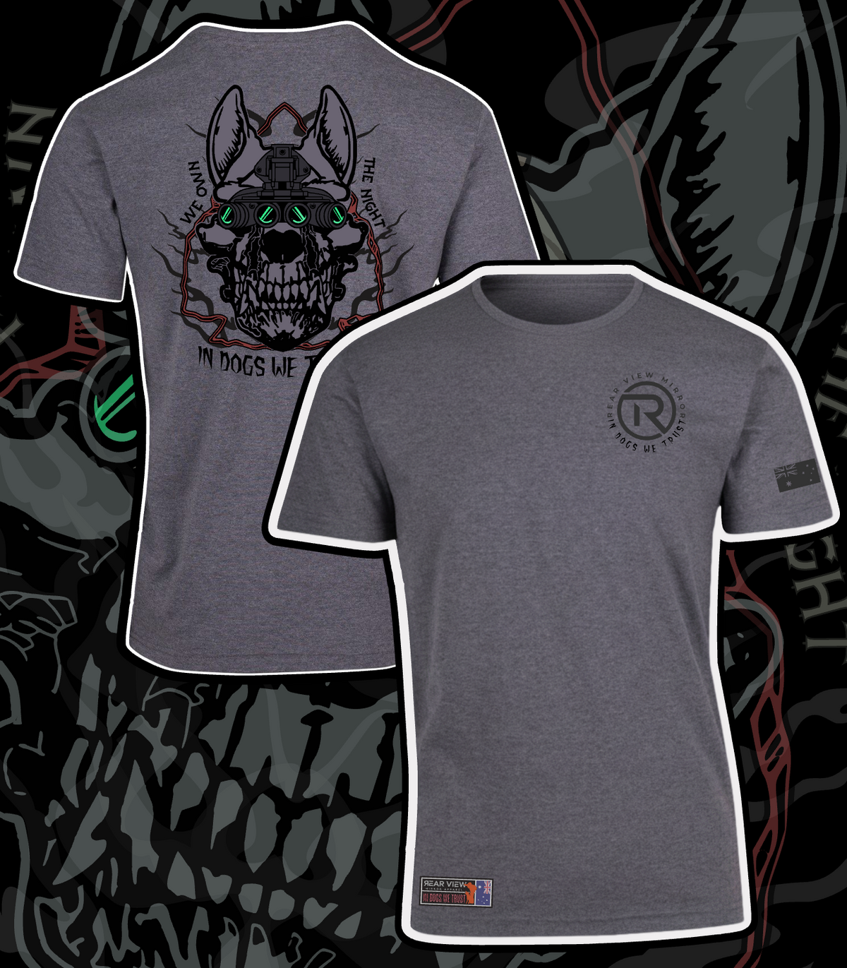 We Still Own The Night staple tee in Grey - night vision working dog back print by Rear View Mirror Apparel