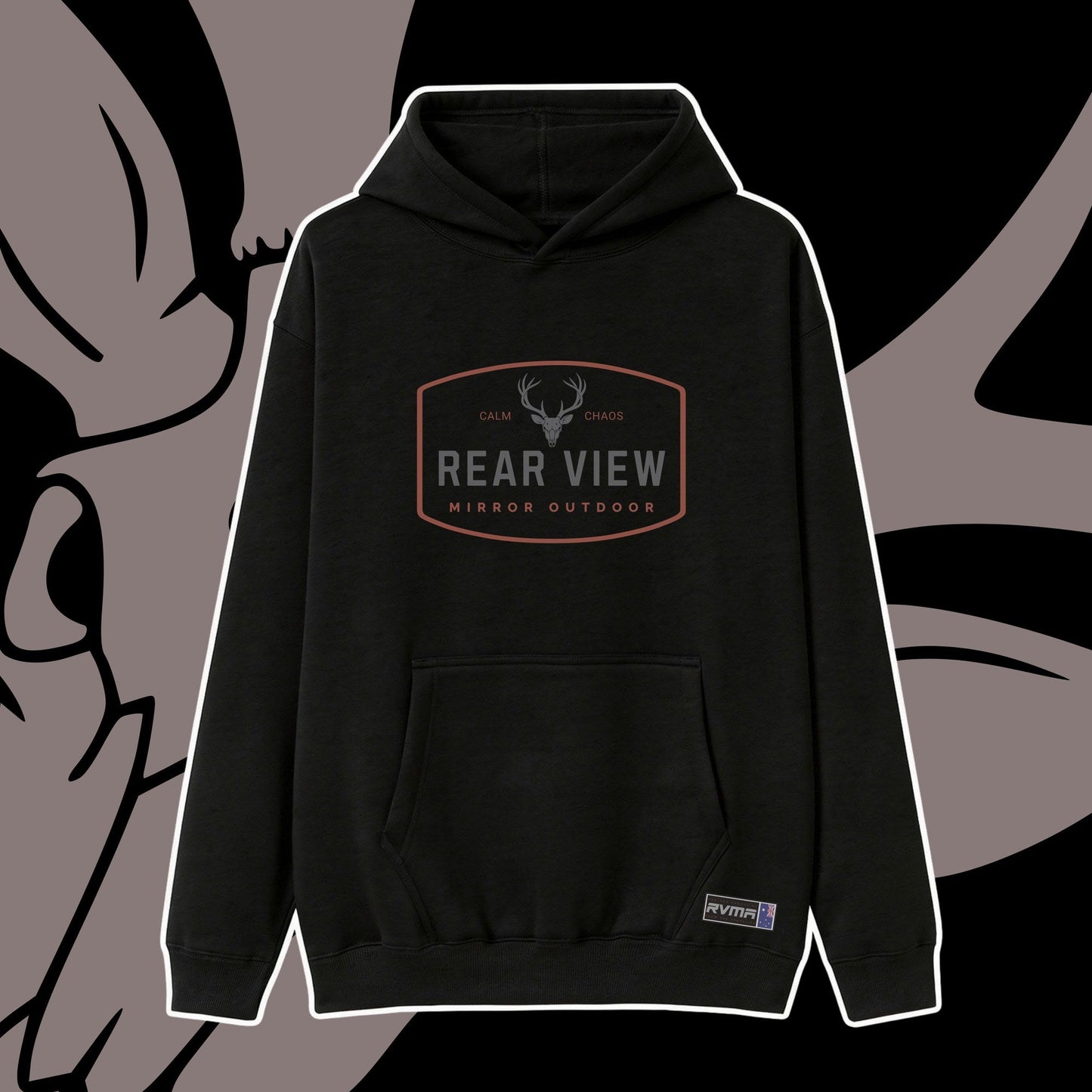 Black pullover hoodie with Rear View Mirror Outdoor stag badge — Rear View Mirror Apparel