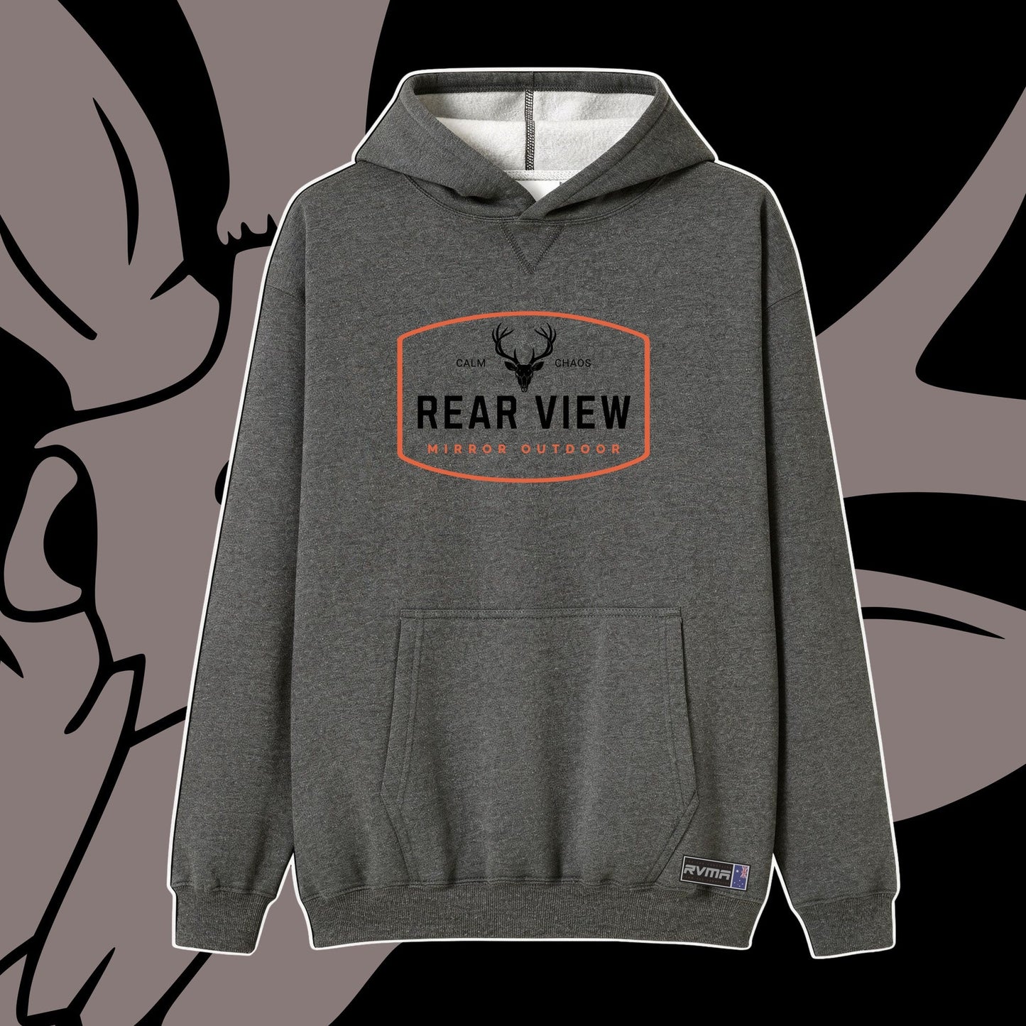 Charcoal pullover hoodie with Rear View Mirror Outdoor stag badge — Rear View Mirror Apparel