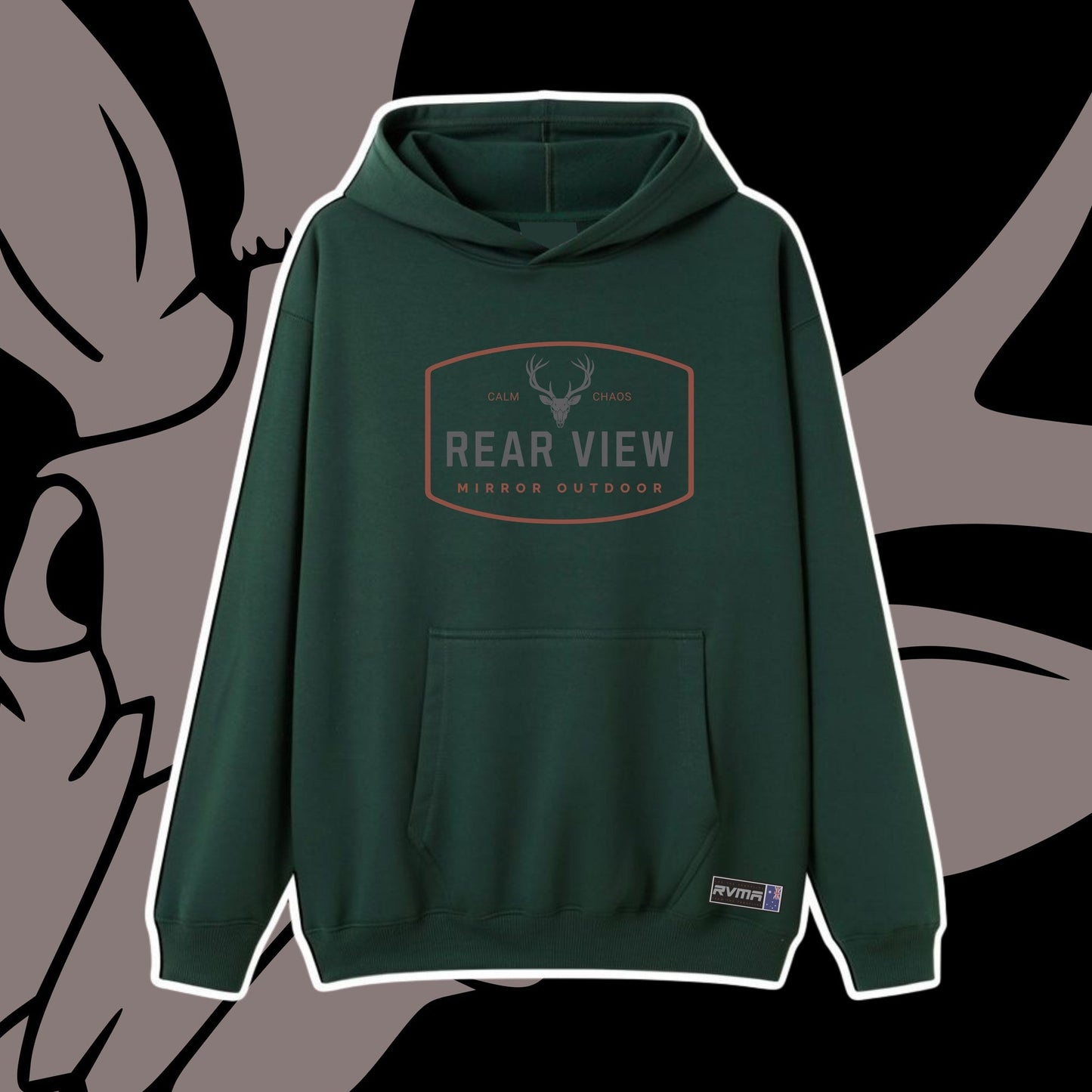 Forest green pullover hoodie with Rear View Mirror Outdoor stag badge — Rear View Mirror Apparel