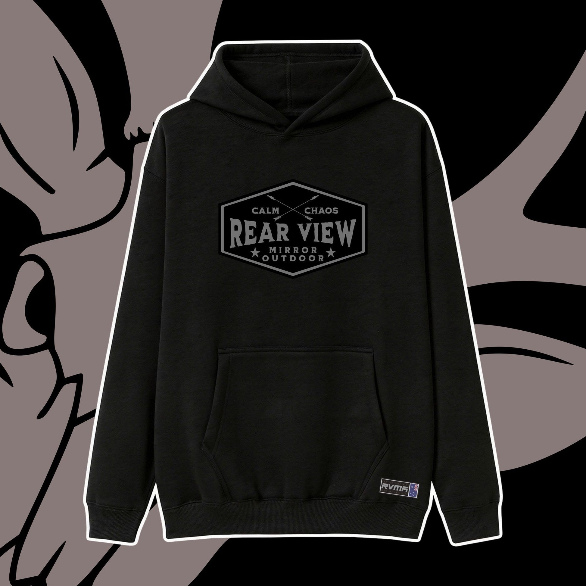 Black pullover hoodie with Calm in Chaos hexagon badge — Rear View Mirror Apparel