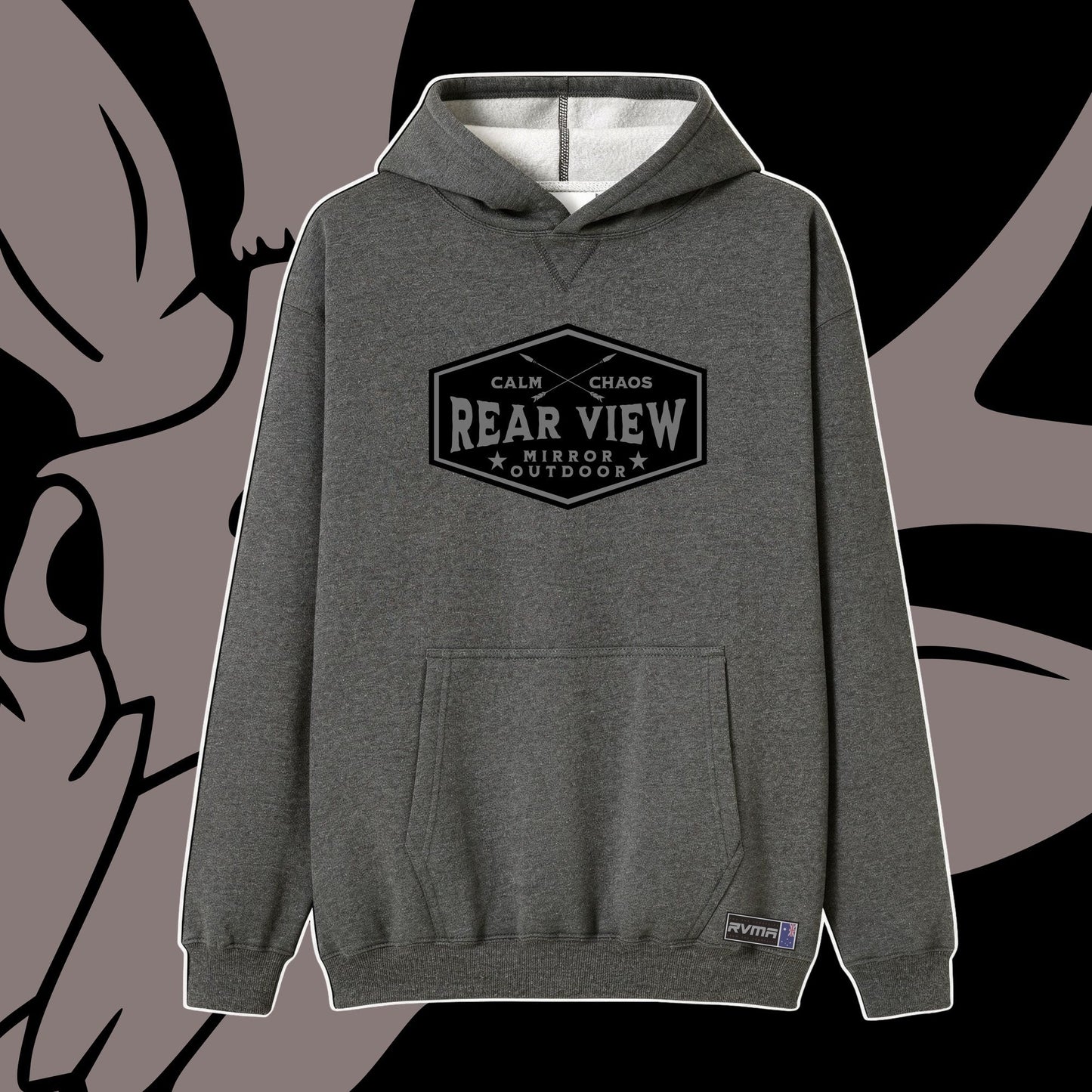 Charcoal pullover hoodie with Calm in Chaos hexagon badge — Rear View Mirror Apparel