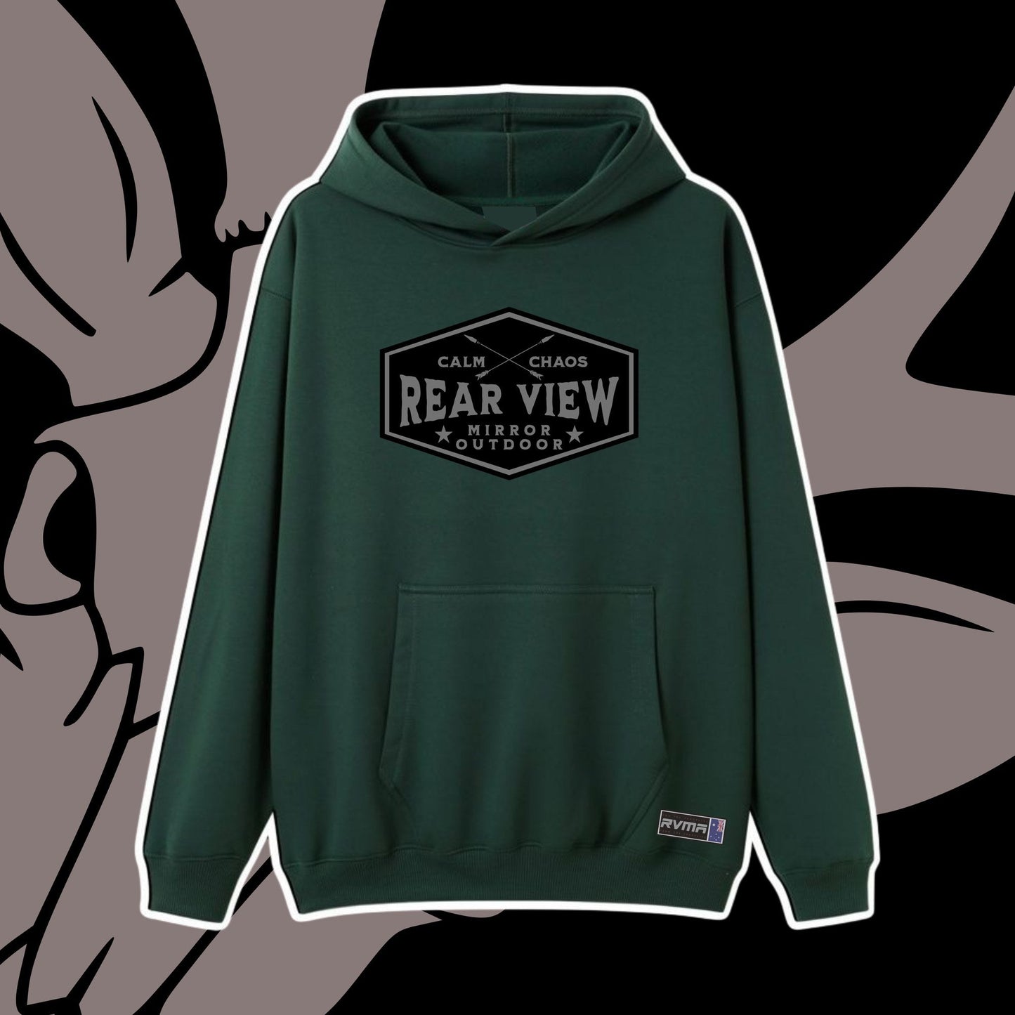 Forest green pullover hoodie with Calm in Chaos hexagon badge — Rear View Mirror Apparel