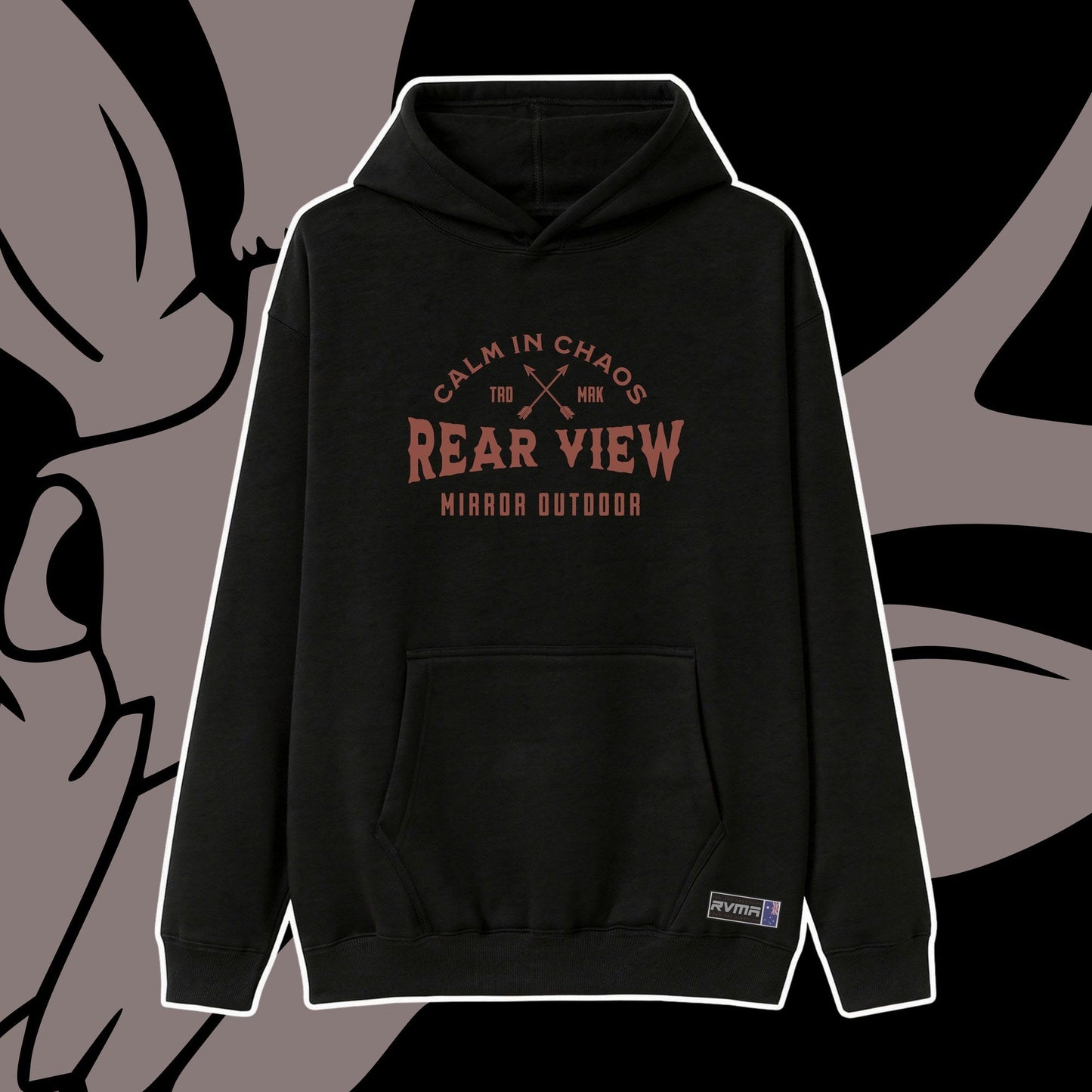 Black pullover hoodie with Calm in Chaos crossed-arrows print — Rear View Mirror Apparel