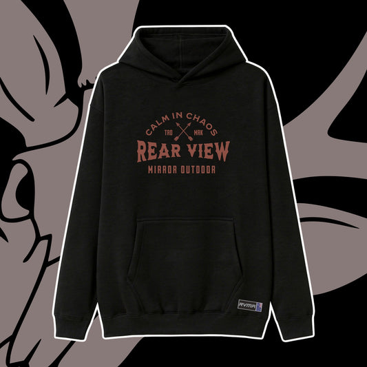 Black pullover hoodie with Calm in Chaos crossed-arrows print — Rear View Mirror Apparel