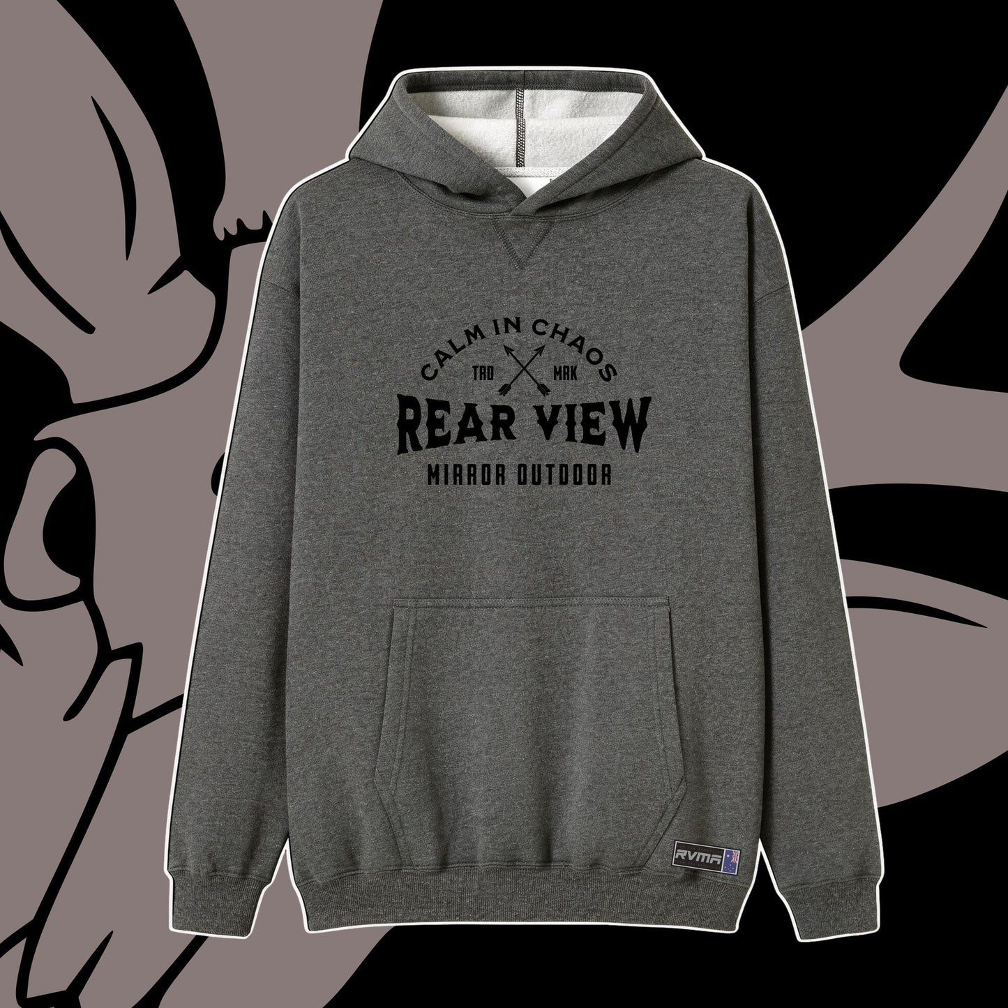 Charcoal pullover hoodie with Calm in Chaos crossed-arrows print — Rear View Mirror Apparel