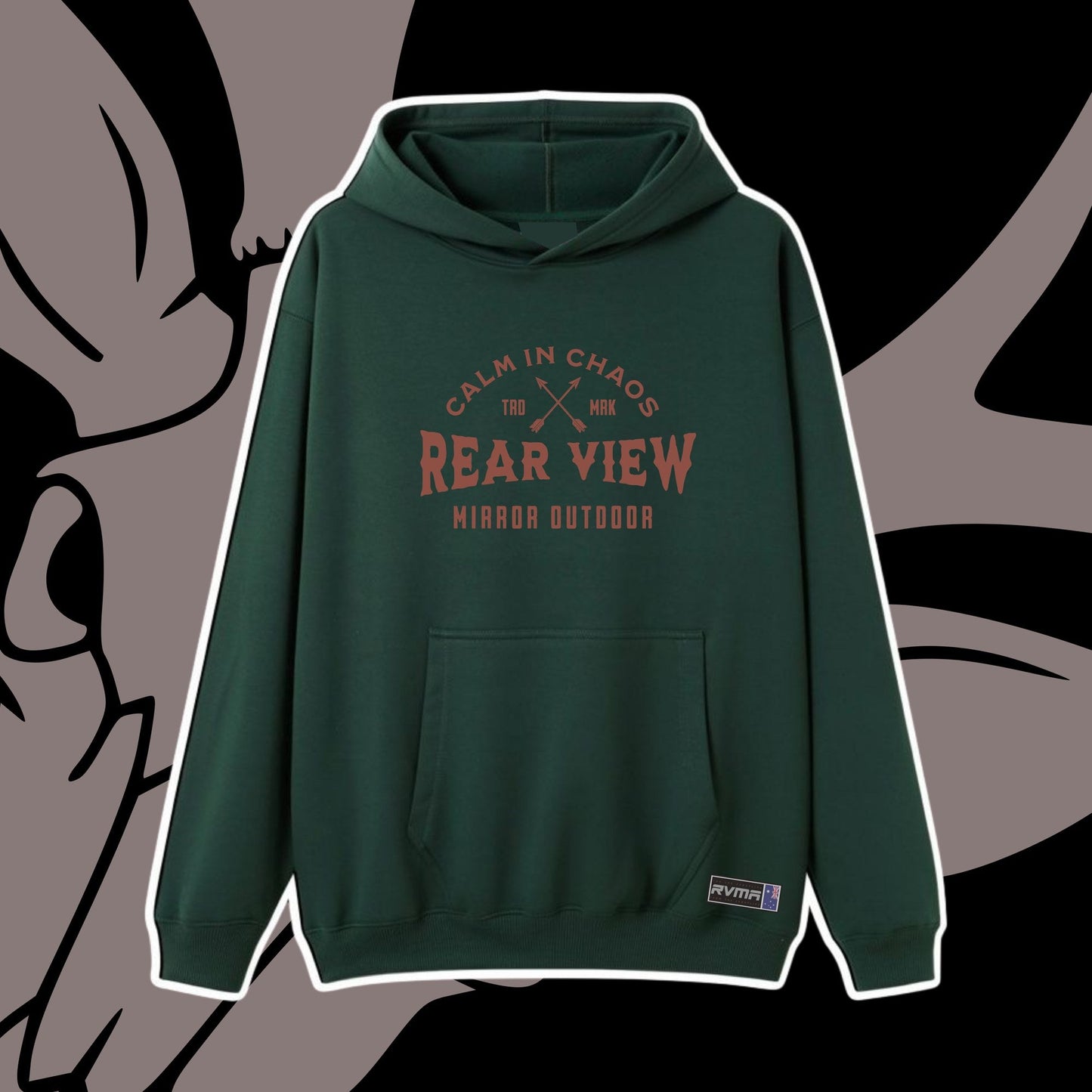 Forest green pullover hoodie with Calm in Chaos crossed-arrows print — Rear View Mirror Apparel