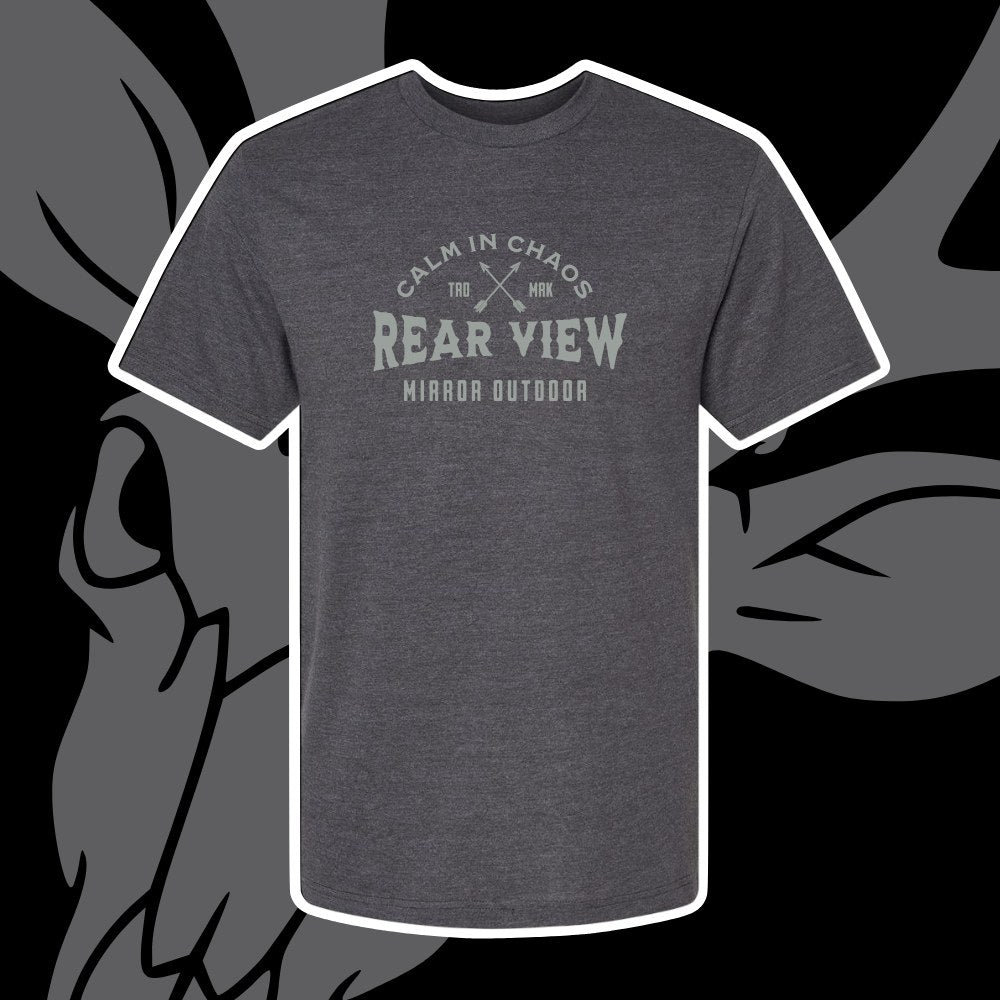 Charcoal tri-blend tee with Calm in Chaos crossed-arrows print — Rear View Mirror Apparel