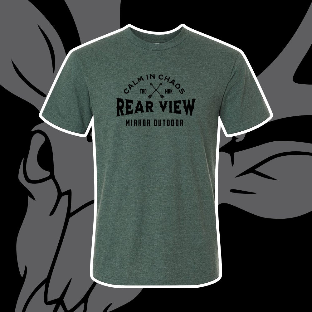 Forest green tri-blend tee with Calm in Chaos crossed-arrows print — Rear View Mirror Apparel