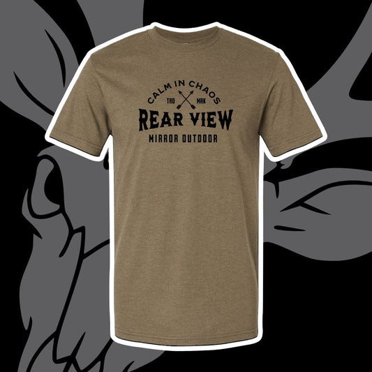 Military green tri-blend tee with Calm in Chaos crossed-arrows print — Rear View Mirror Apparel