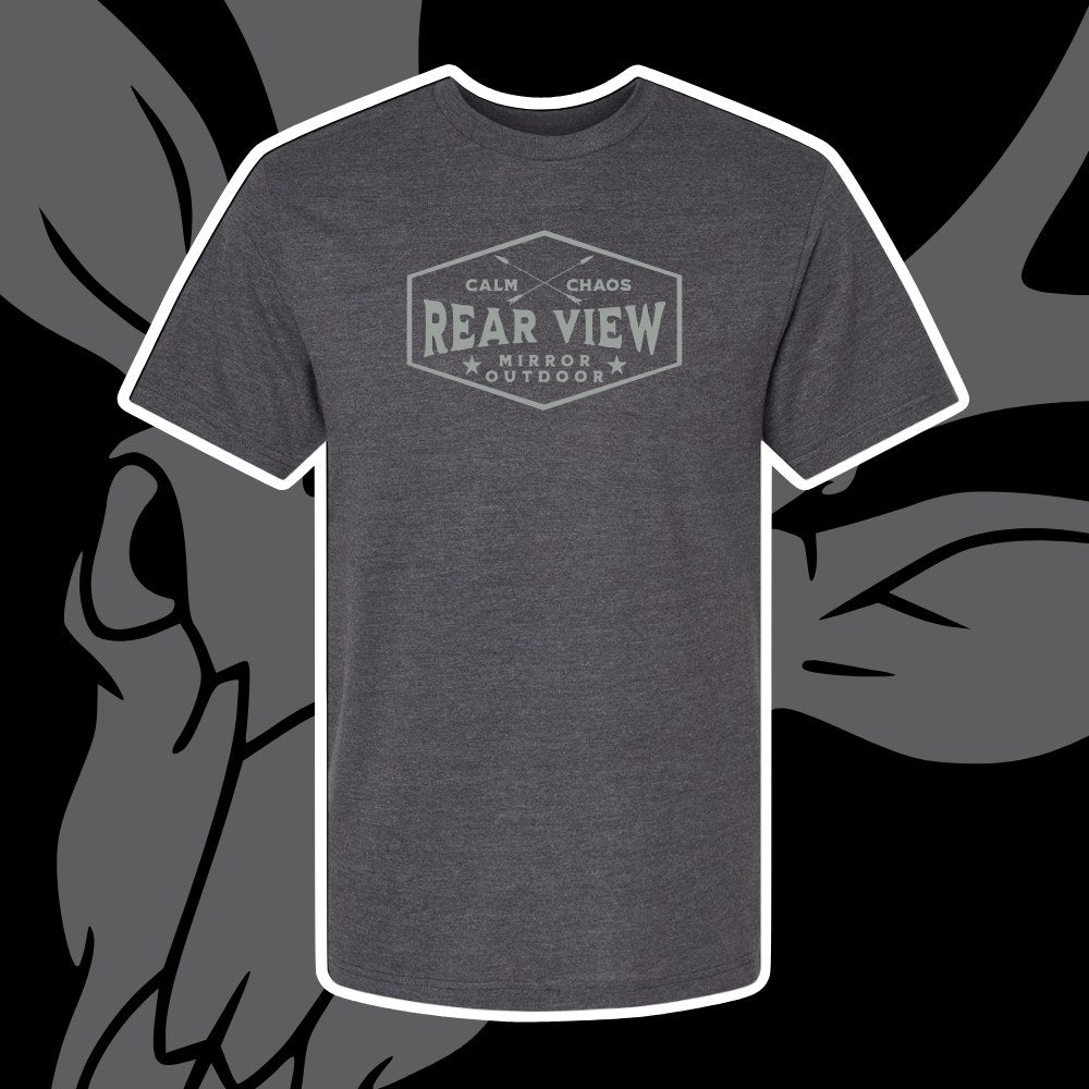 Charcoal tri-blend tee with Calm in Chaos hexagon badge — Rear View Mirror Apparel