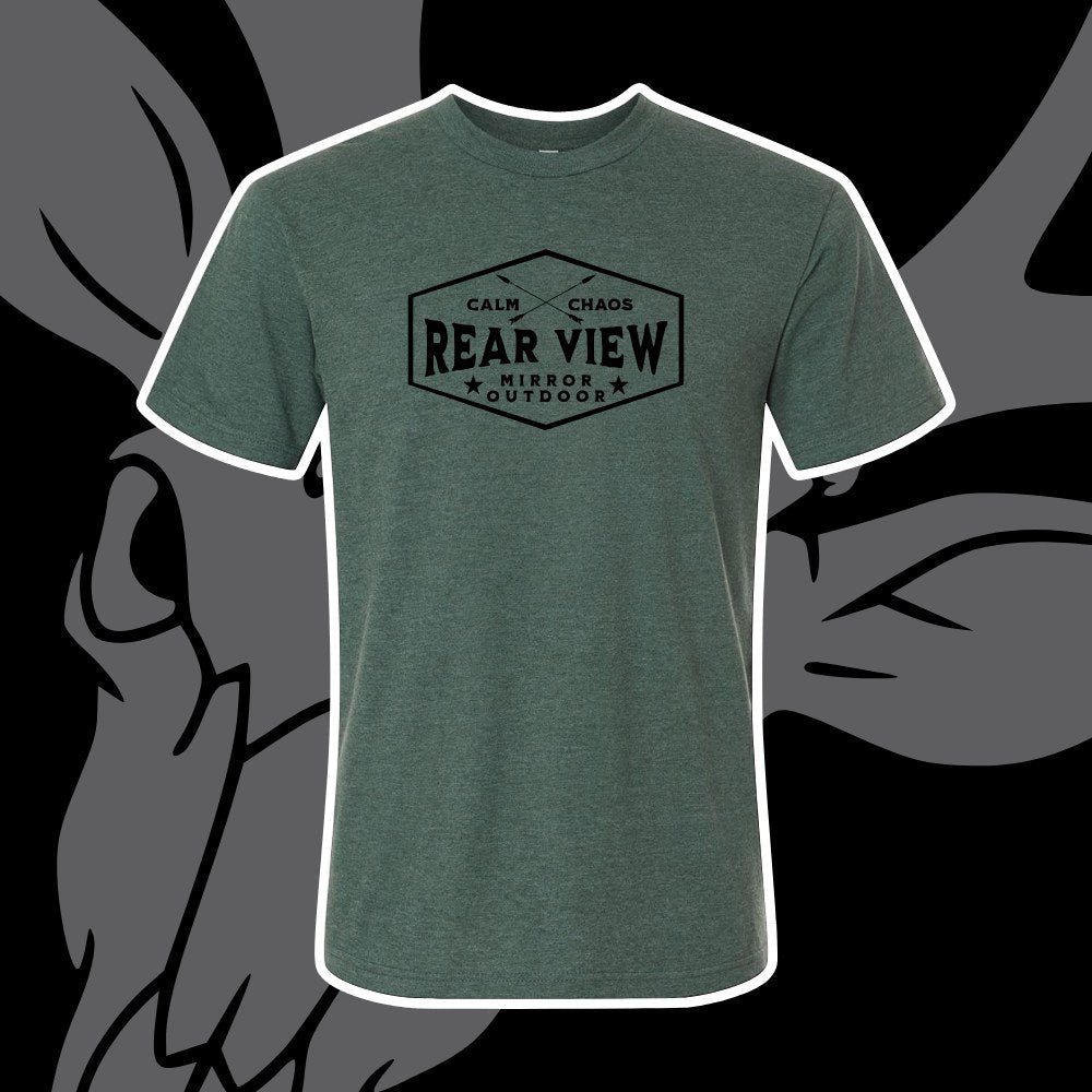 Forest green tri-blend tee with Calm in Chaos hexagon badge — Rear View Mirror Apparel