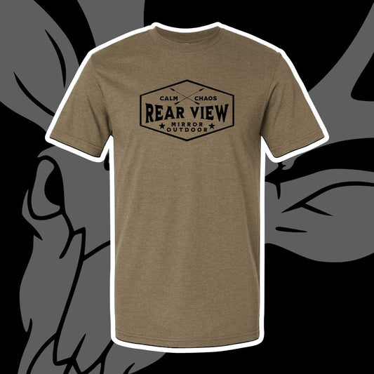 Military green tri-blend tee with Calm in Chaos hexagon badge — Rear View Mirror Apparel
