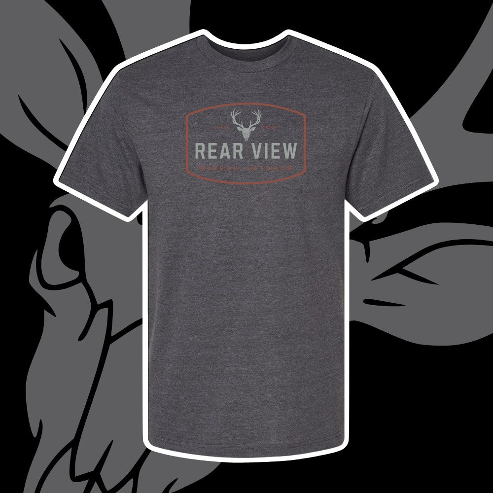 Charcoal tri-blend tee with Rear View Mirror Outdoor stag badge — Rear View Mirror Apparel