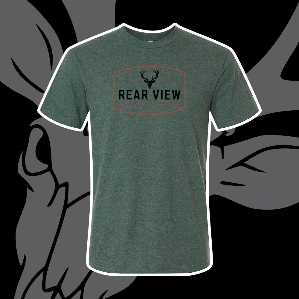 Forest green tri-blend tee with Rear View Mirror Outdoor stag badge — Rear View Mirror Apparel