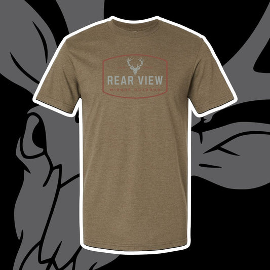 Military green tri-blend tee with Rear View Mirror Outdoor stag badge — Rear View Mirror Apparel