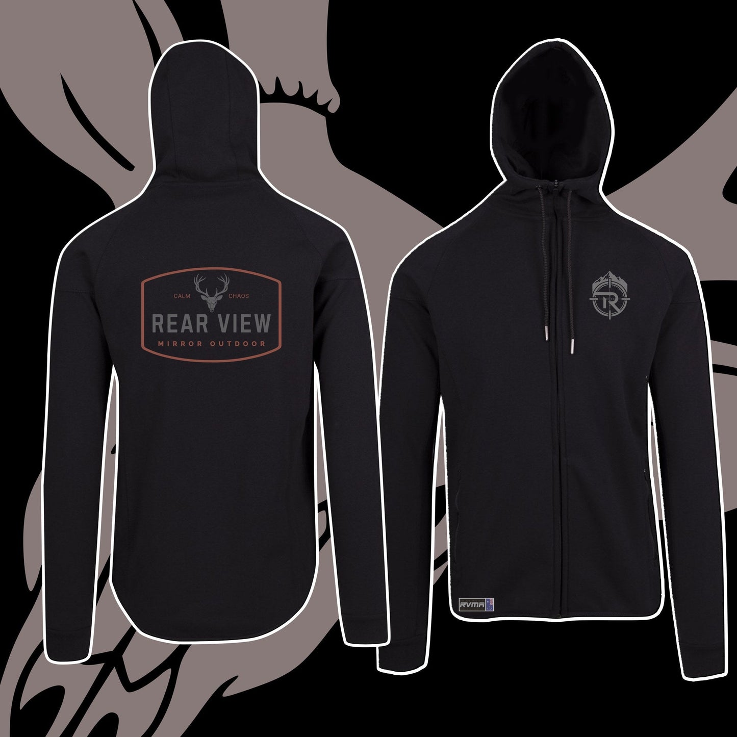 Black full-zip polar fleece hoodie with Rear View Mirror Outdoor stag badge — Rear View Mirror Apparel