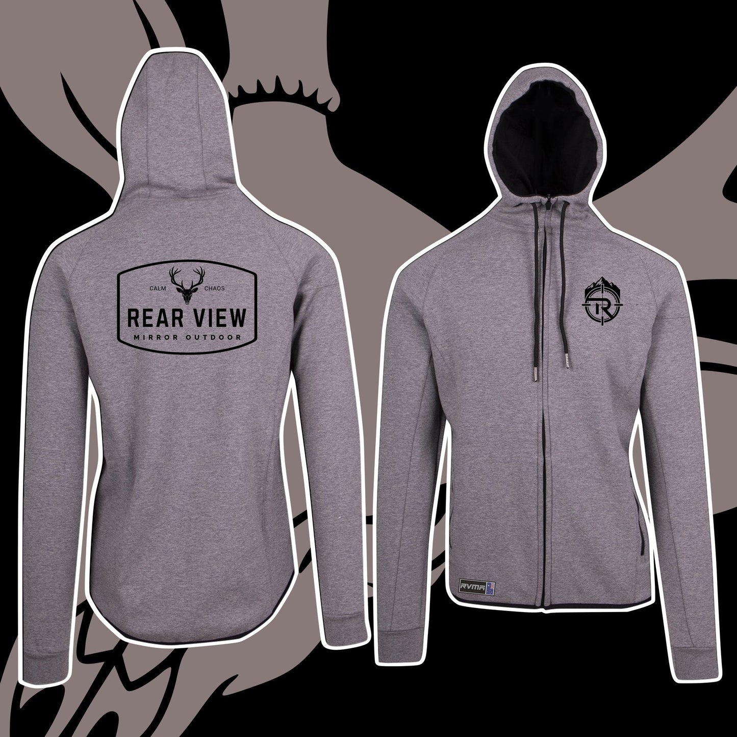 Grey full-zip polar fleece hoodie with Rear View Mirror Outdoor stag badge — Rear View Mirror Apparel