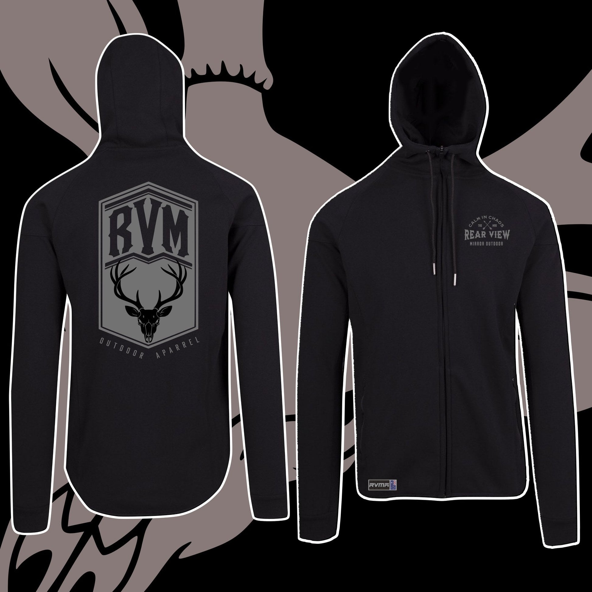 Black full-zip polar fleece hoodie with RVM Outdoor stag shield — Rear View Mirror Apparel