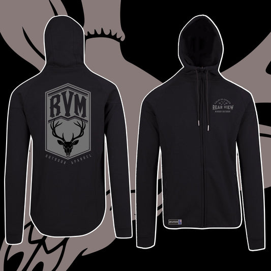 Black full-zip polar fleece hoodie with RVM Outdoor stag shield — Rear View Mirror Apparel