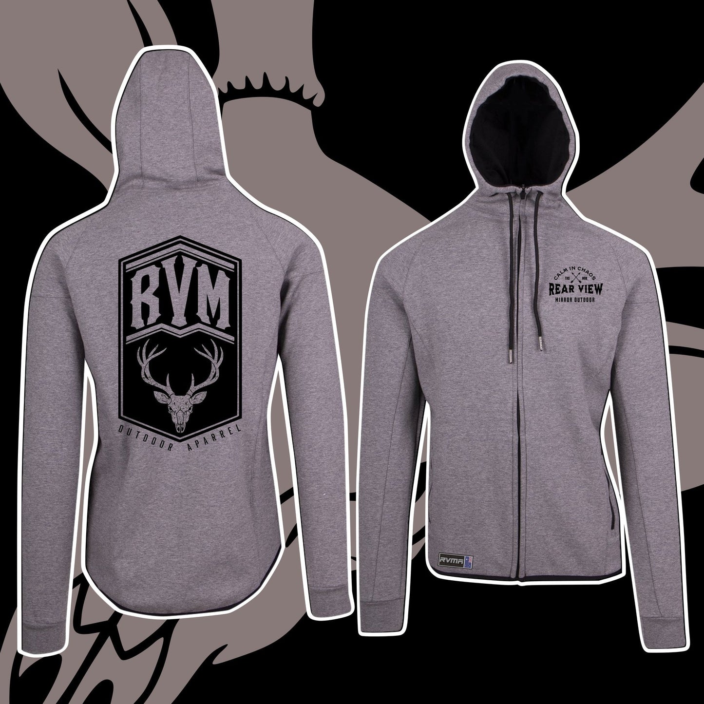 Grey full-zip polar fleece hoodie with RVM Outdoor stag shield — Rear View Mirror Apparel
