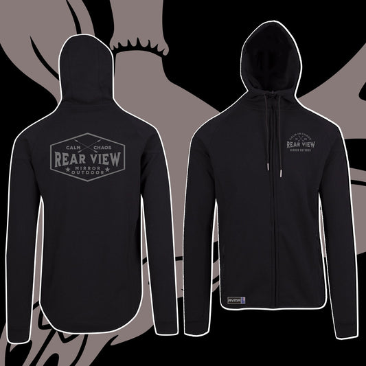 Black full-zip polar fleece hoodie with Calm in Chaos hexagon — Rear View Mirror Apparel