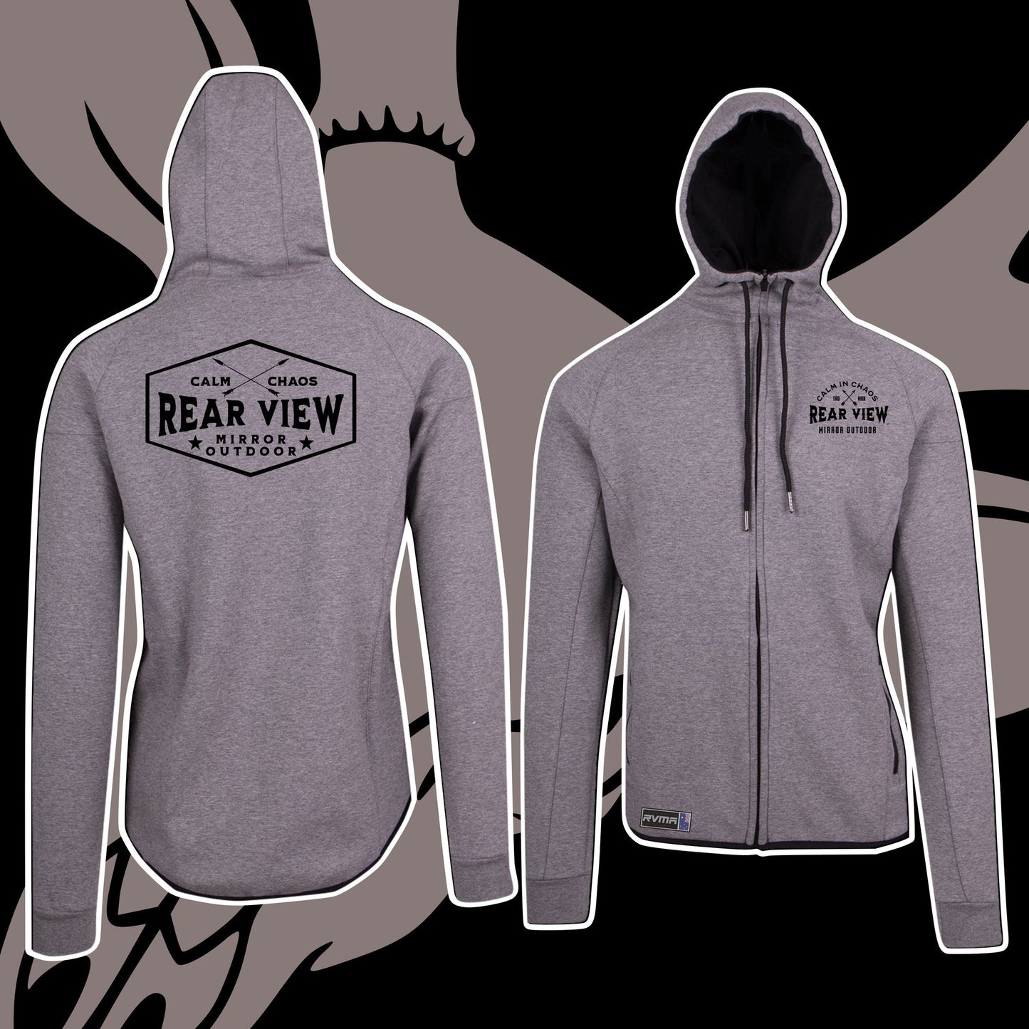 Grey full-zip polar fleece hoodie with Calm in Chaos hexagon — Rear View Mirror Apparel